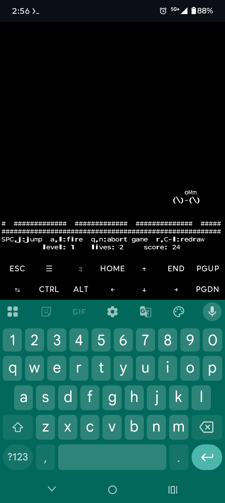 Playing Moon Buggy in Termux