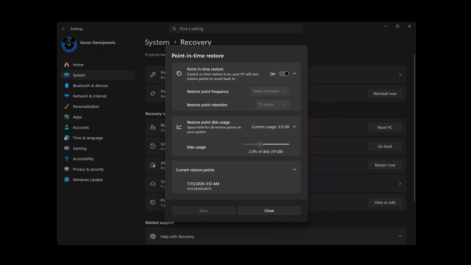 The point-in-time restore options menu. 