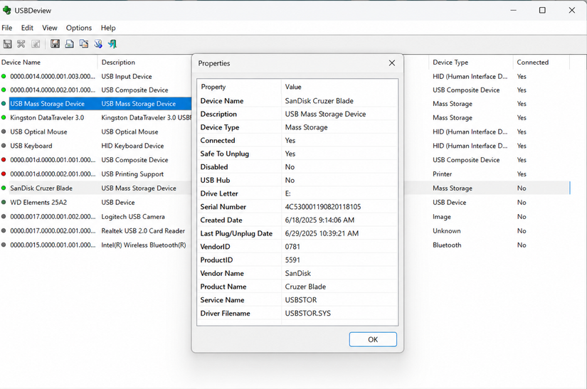 properties of sanddisk flash drive viewed via usbdeview showing when it was connected and disconnected-1
