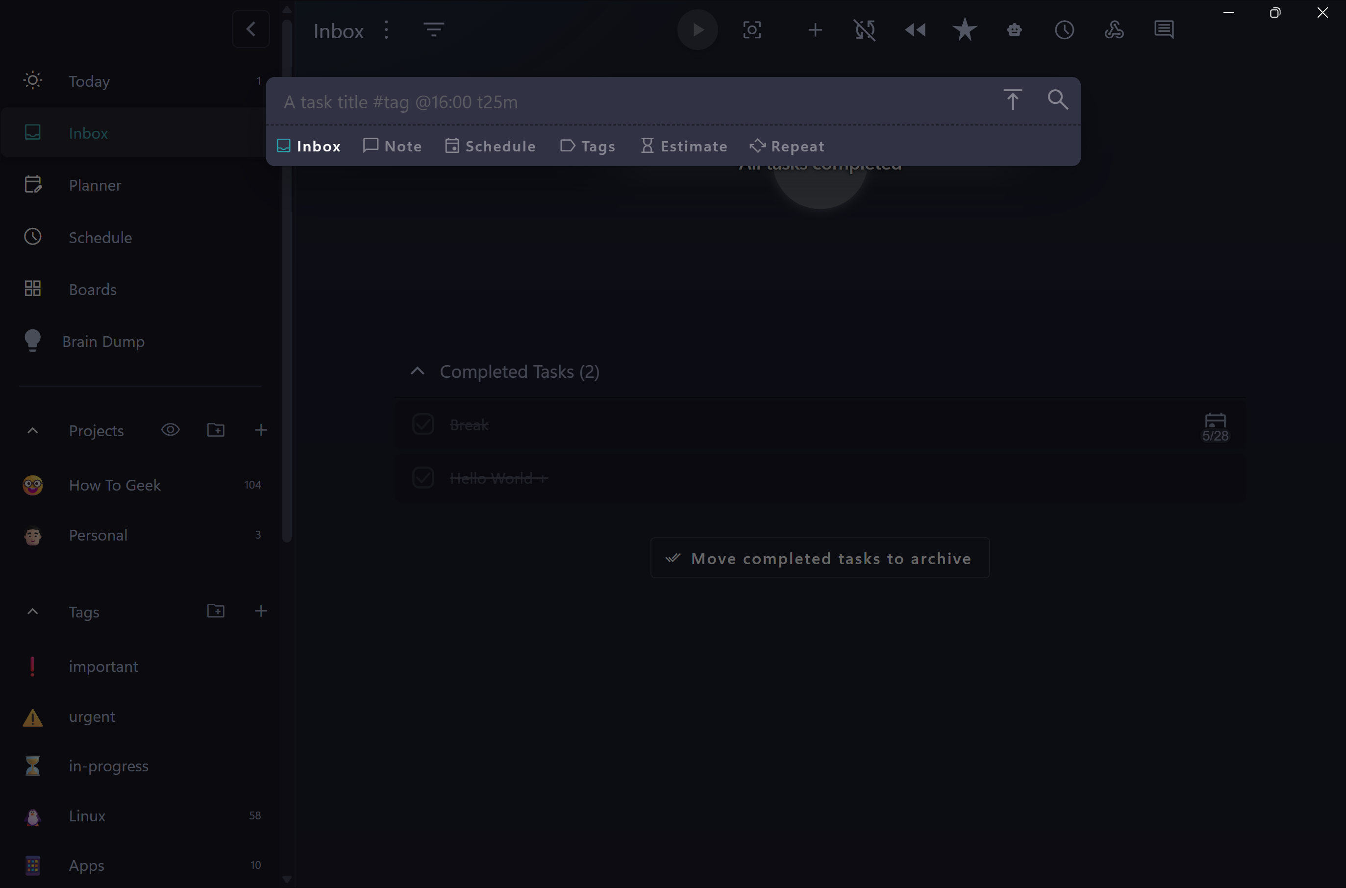 Quick add task bar in the Inbox showing the syntax hint for tags, schedule, and estimate.-1