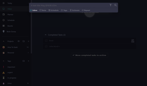 Quick add task bar in the Inbox showing the syntax hint for tags, schedule, and estimate.-1