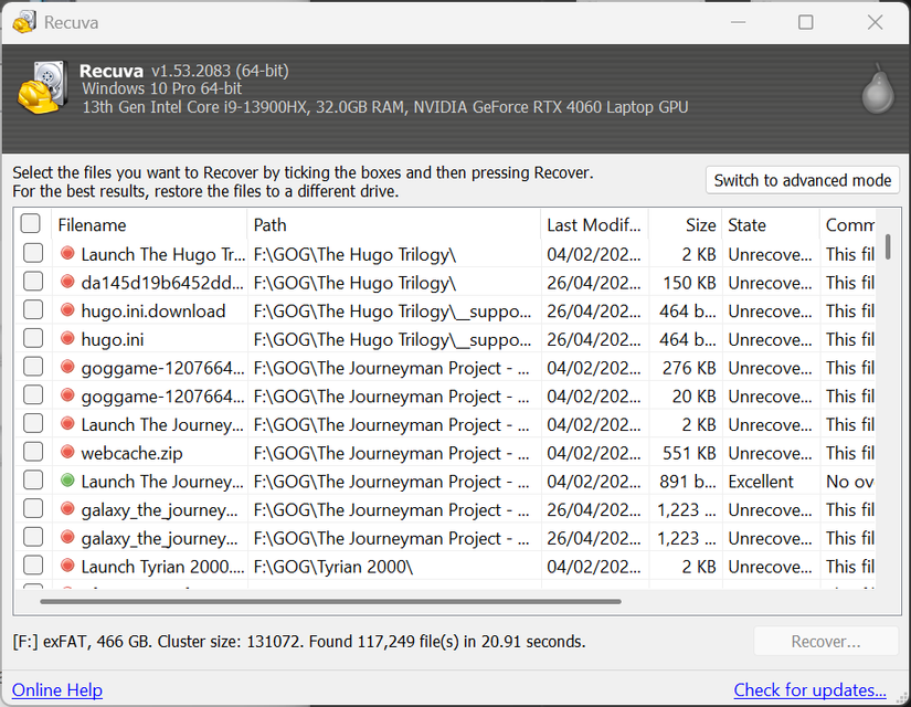 Recuva displaying recovered files after a scan.