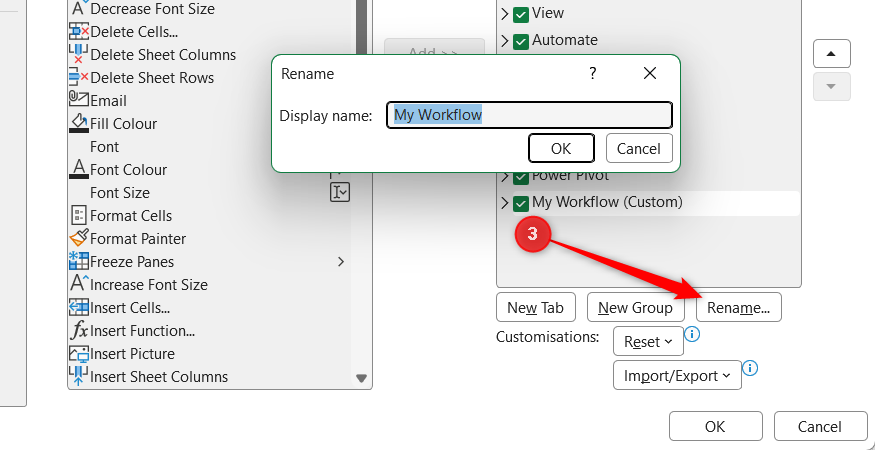 Rename is selected in Excel's Excel Options dialog to rename a custom tab.