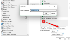 Rename is selected in Excel's Excel Options dialog to rename a custom tab.