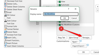 Rename is selected in Excel's Excel Options dialog to rename a custom tab.