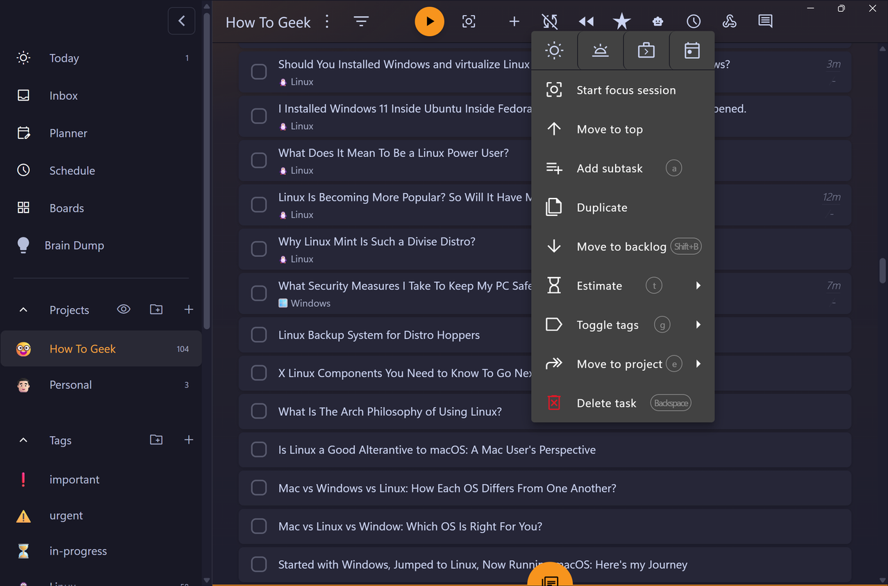 Right-click context menu on a task showing options like Start focus session, Add subtask, Estimate, and Move to project.-1