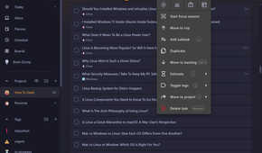 Right-click context menu on a task showing options like Start focus session, Add subtask, Estimate, and Move to project.-1