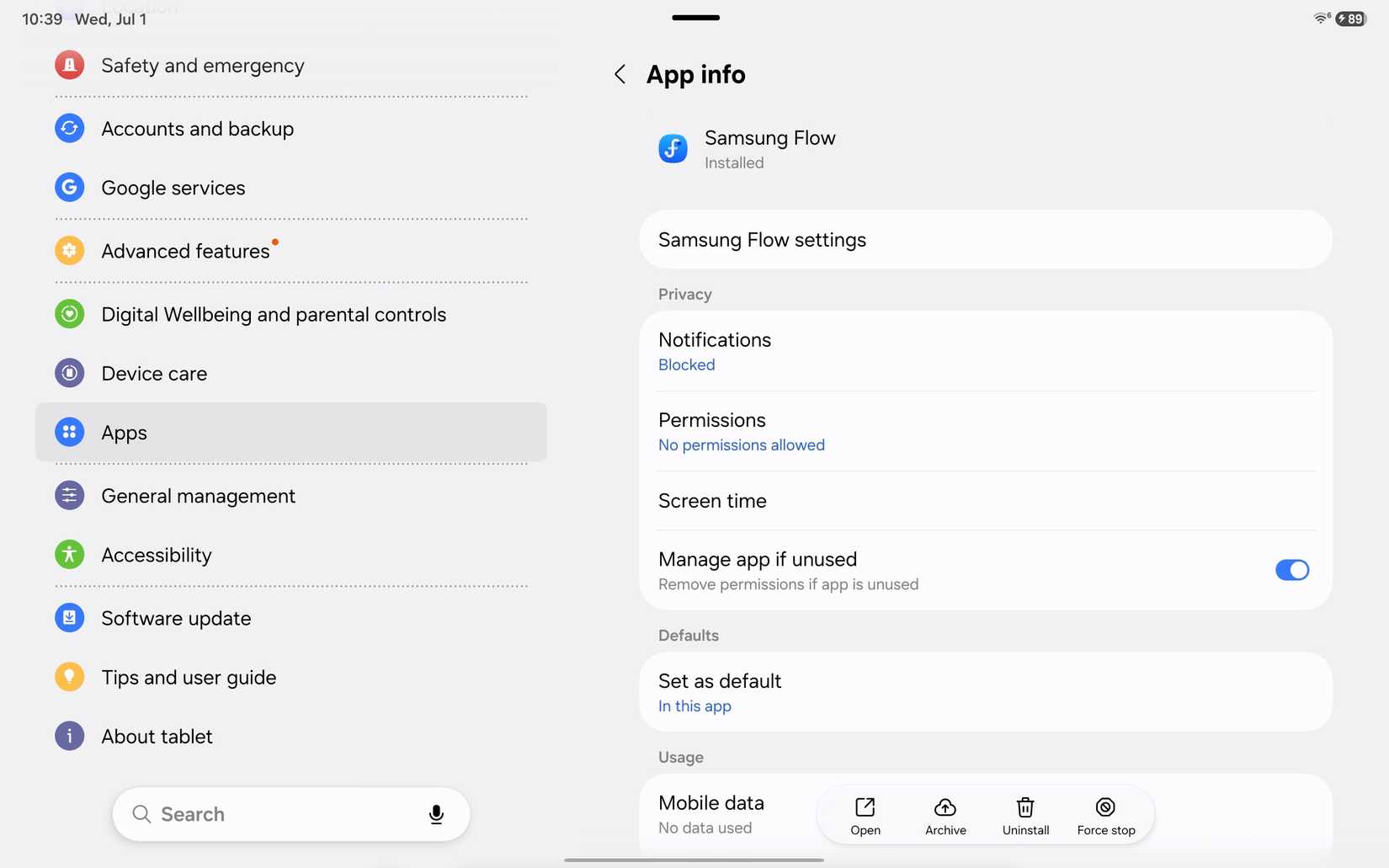 Samsung Flow app details in the Settings app on a Samsung Galaxy tablet. 
