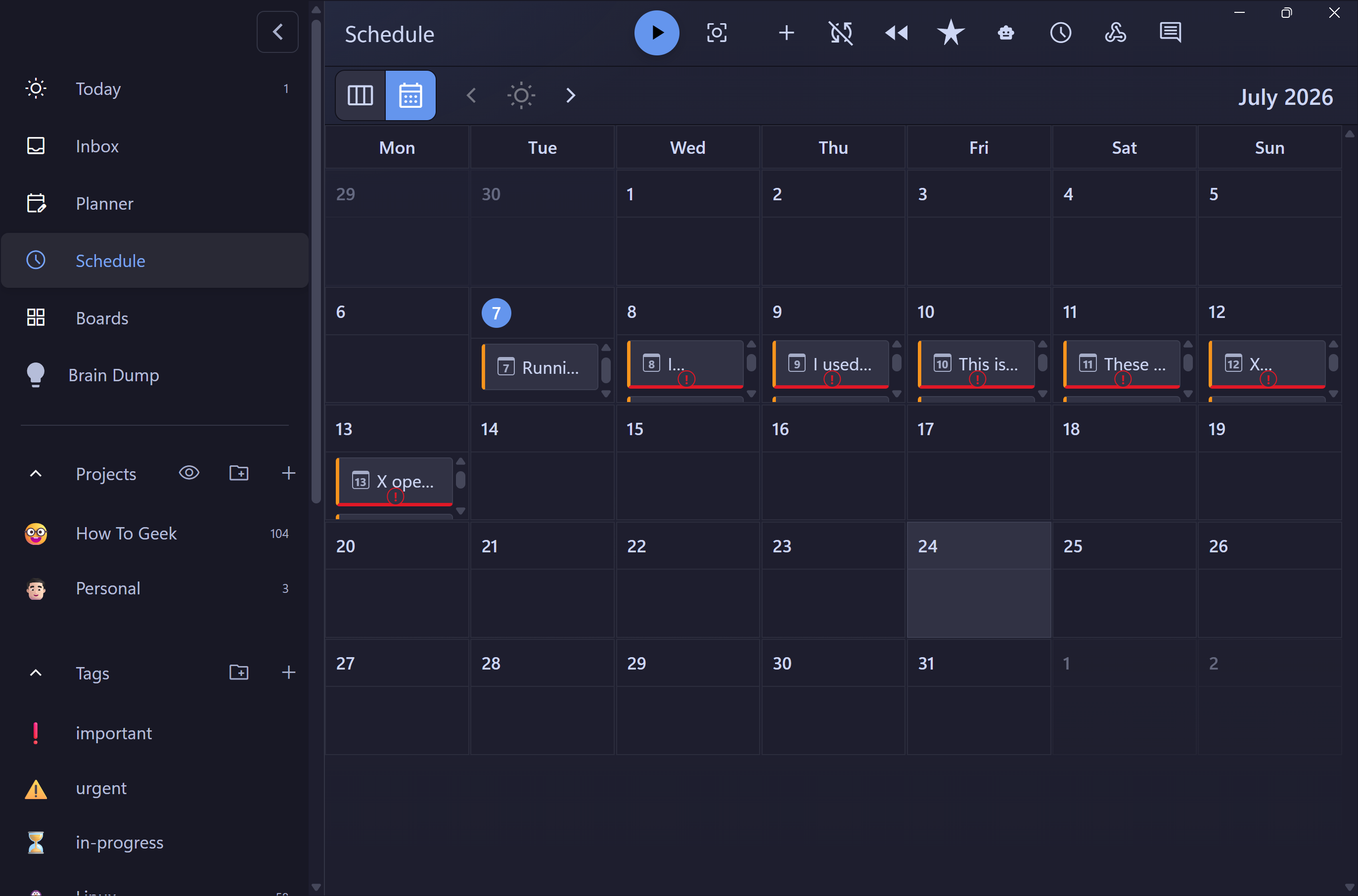Schedule board Month view showing a full July calendar with tasks displayed inside their date cells.-1