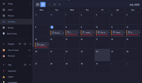 Schedule board Month view showing a full July calendar with tasks displayed inside their date cells.-1