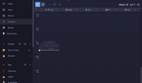 Schedule board Week view with an empty time slot showing a click to create task prompt at 9 PM.-1