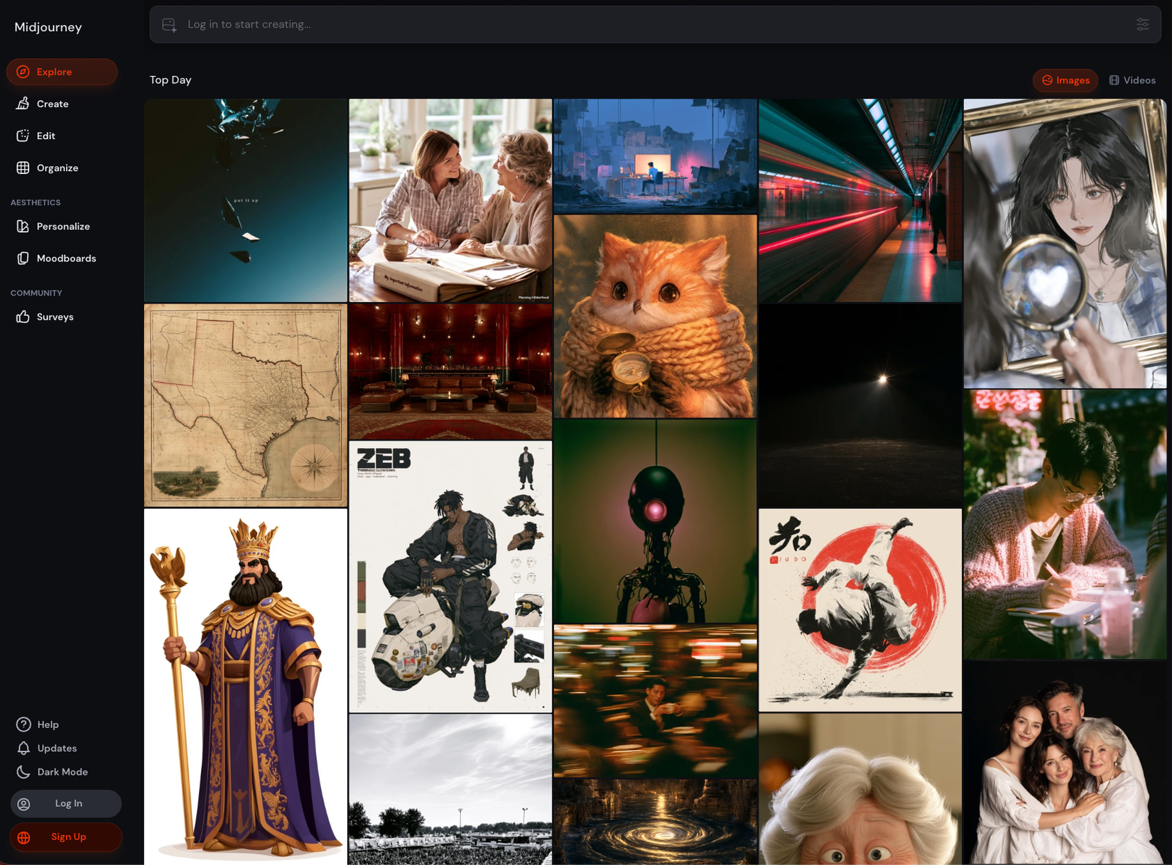 The Midjourney home page showing the latest user creations.
