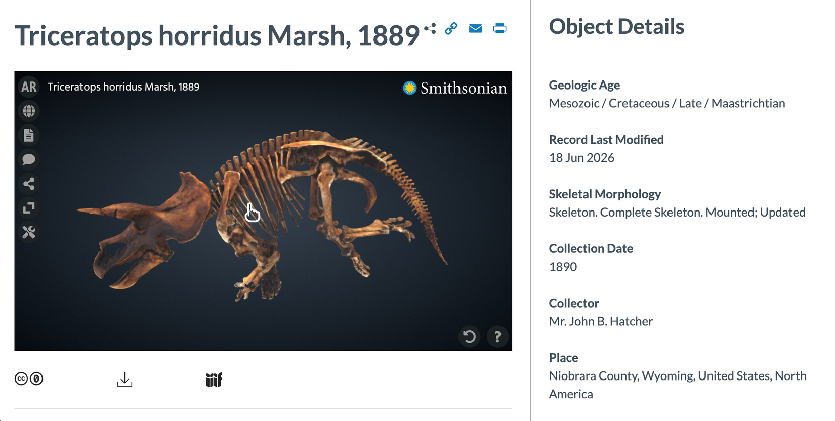 The catalog listing for a 3D scan of a triceratops.