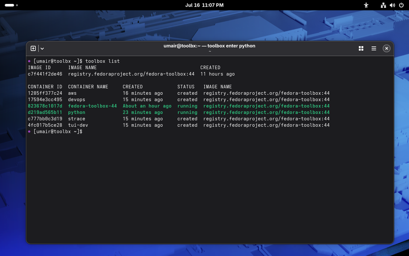 Screenshot of list of toolboxes on a Fedora Silverblue