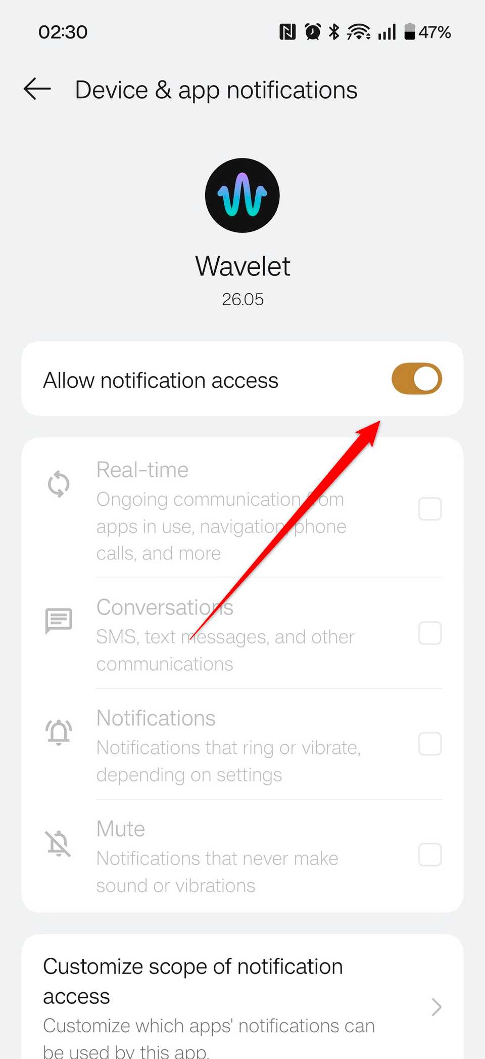 Notification access allowed for the Wavelet app.
