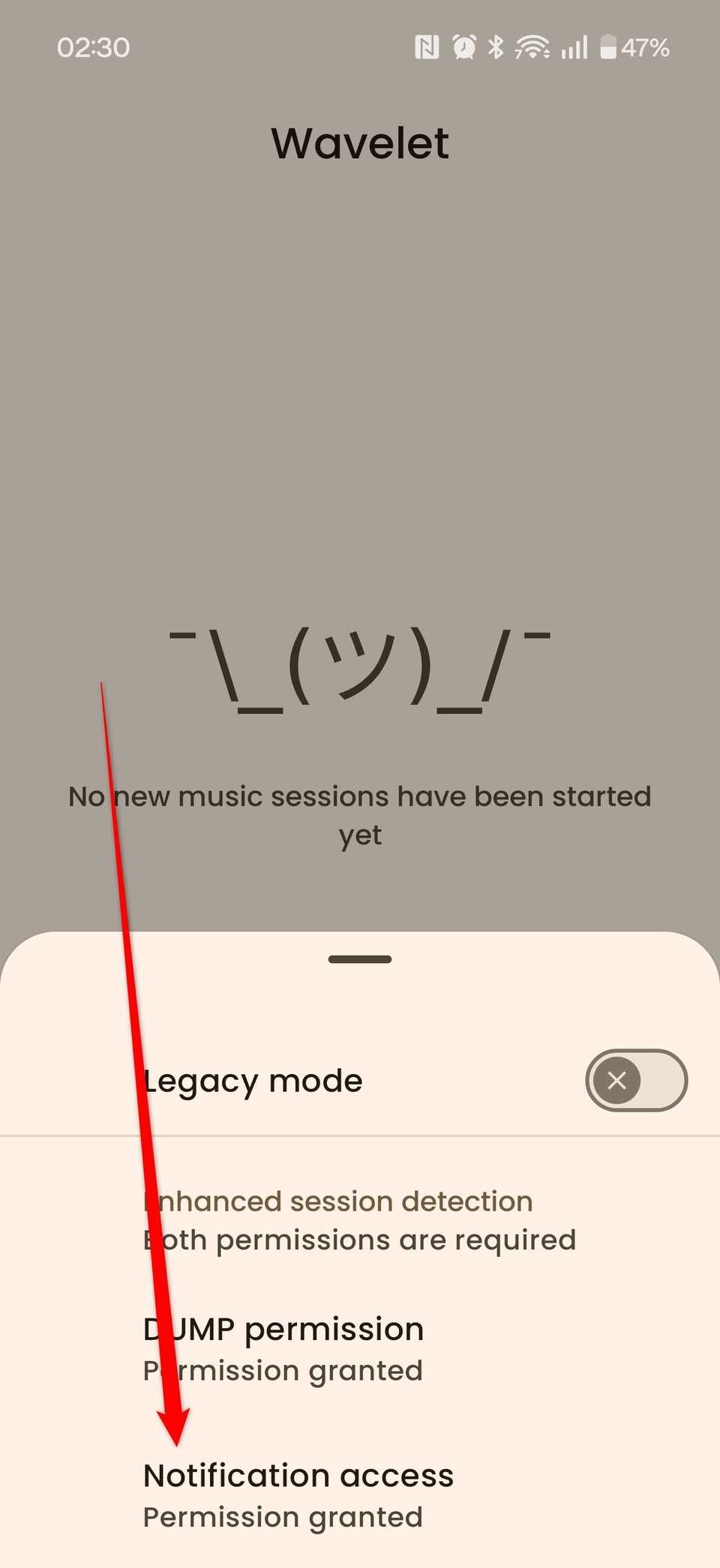 The Notification access button in the Wavelet app.