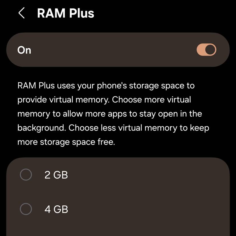 The Samsung RAM Plus settings menu.