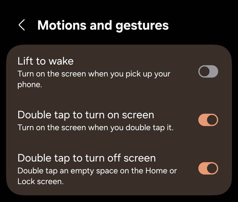 Samsung Settings screen showing Motion and gestures options, including double-tap to wake and sleep.