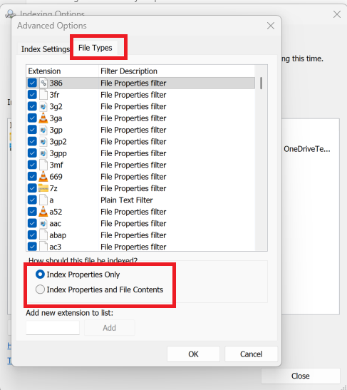 A screenshot of Windows 11 Settings open to the Privacy & security Search tab. The Advanced Options menu is open.