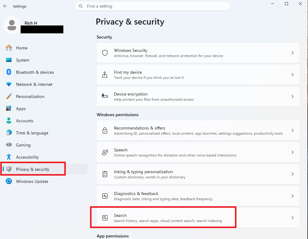 A screenshot of Windows 11 Settings open to the Privacy & security tab.