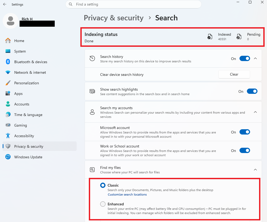 A screenshot of Windows 11 Settings open to the Privacy & security Search tab.