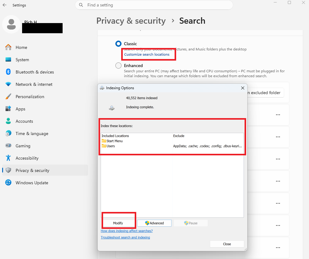 A screenshot of Windows 11 Settings open to the Privacy & security Search tab. The Indexing Options menu is open.