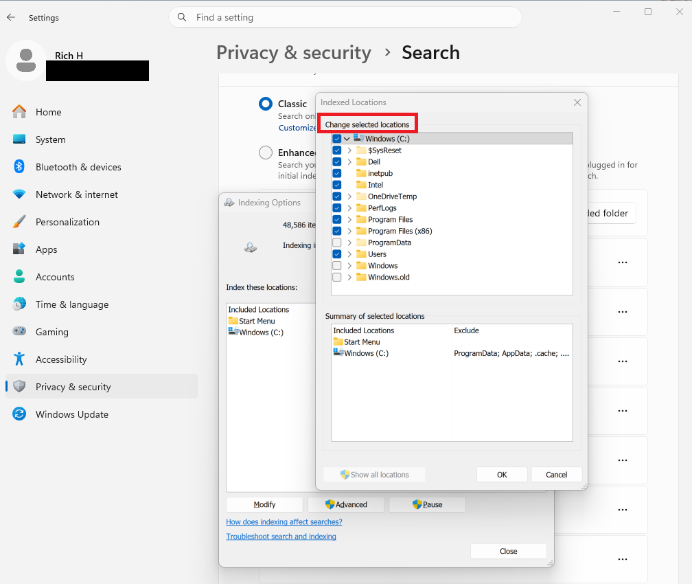 A screenshot of Windows 11 Settings open to the Privacy & security Search tab. The Indexing Options menu is open.