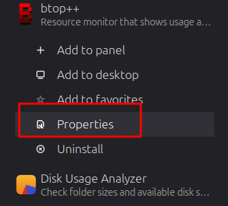 Selecting properties on an app in the Linux Mint menu.