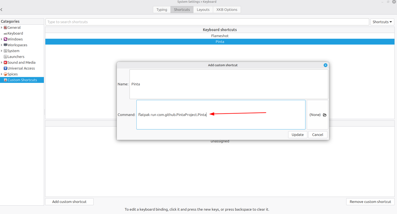 Setting a keyboard shortcut command to open a flatpak in Linux Mint.
