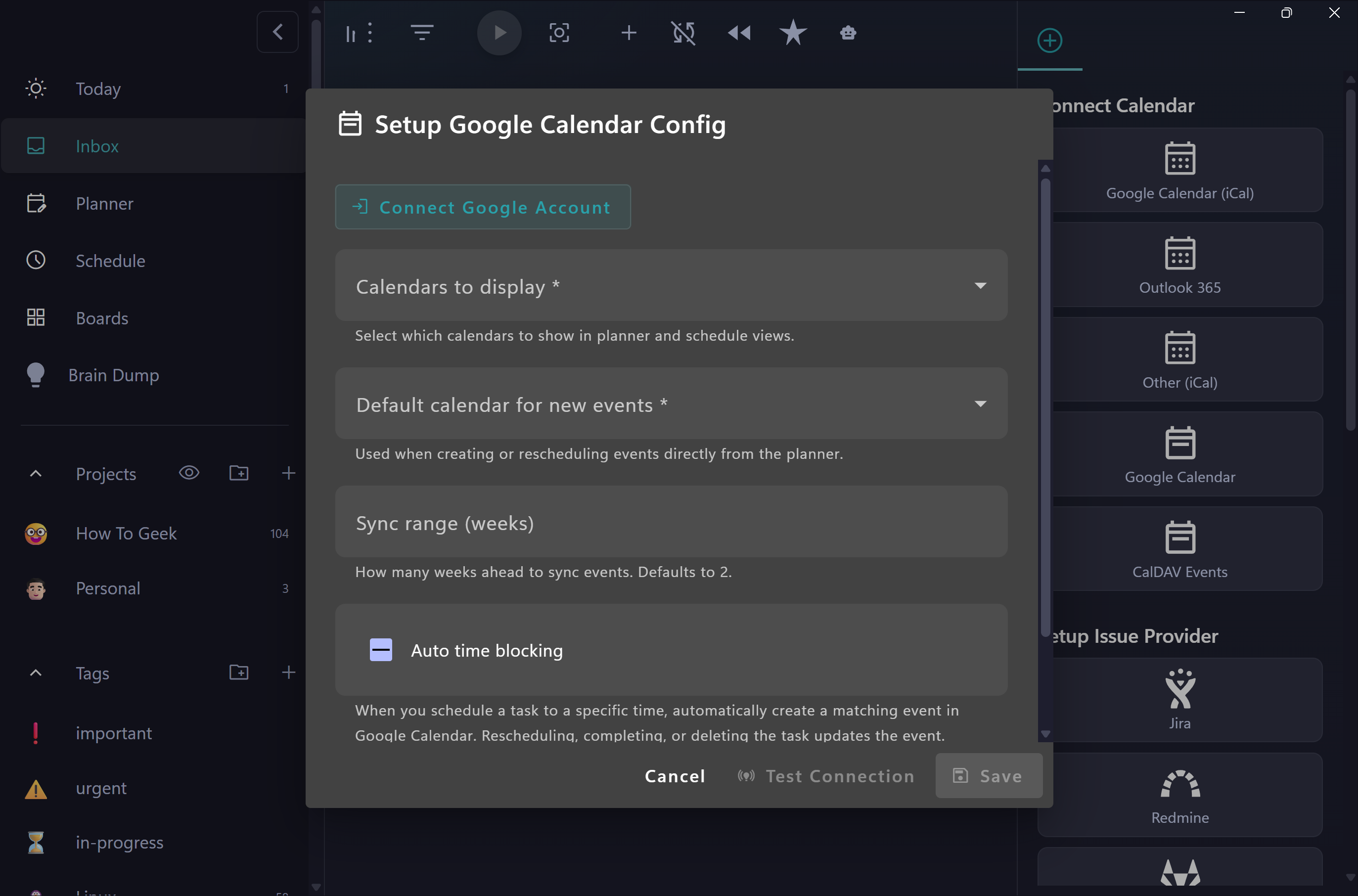 Setup Google Calendar Config dialog with Connect Google Account button and sync range settings.-1