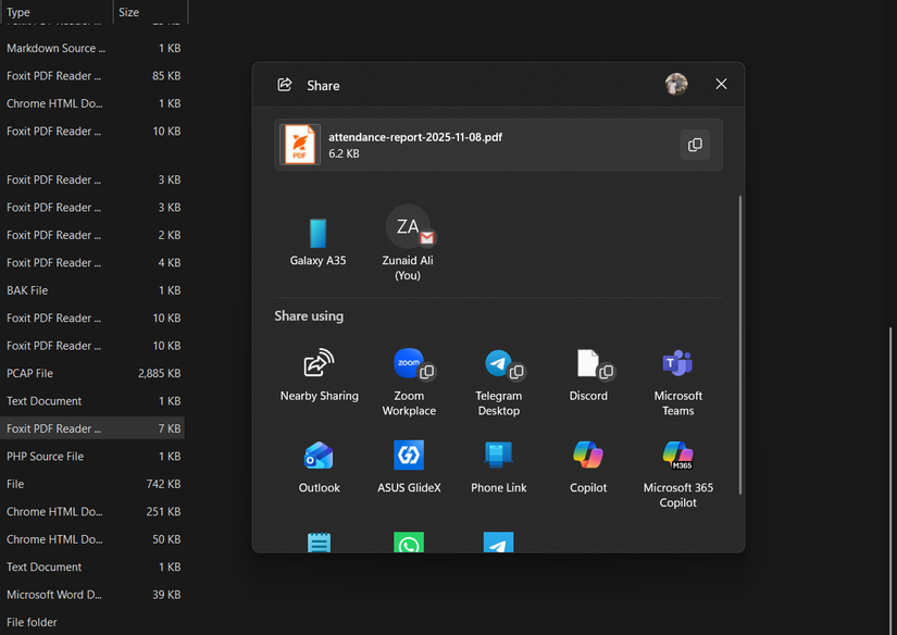 Sharing a PDF file using Nearby share on Windows 11.