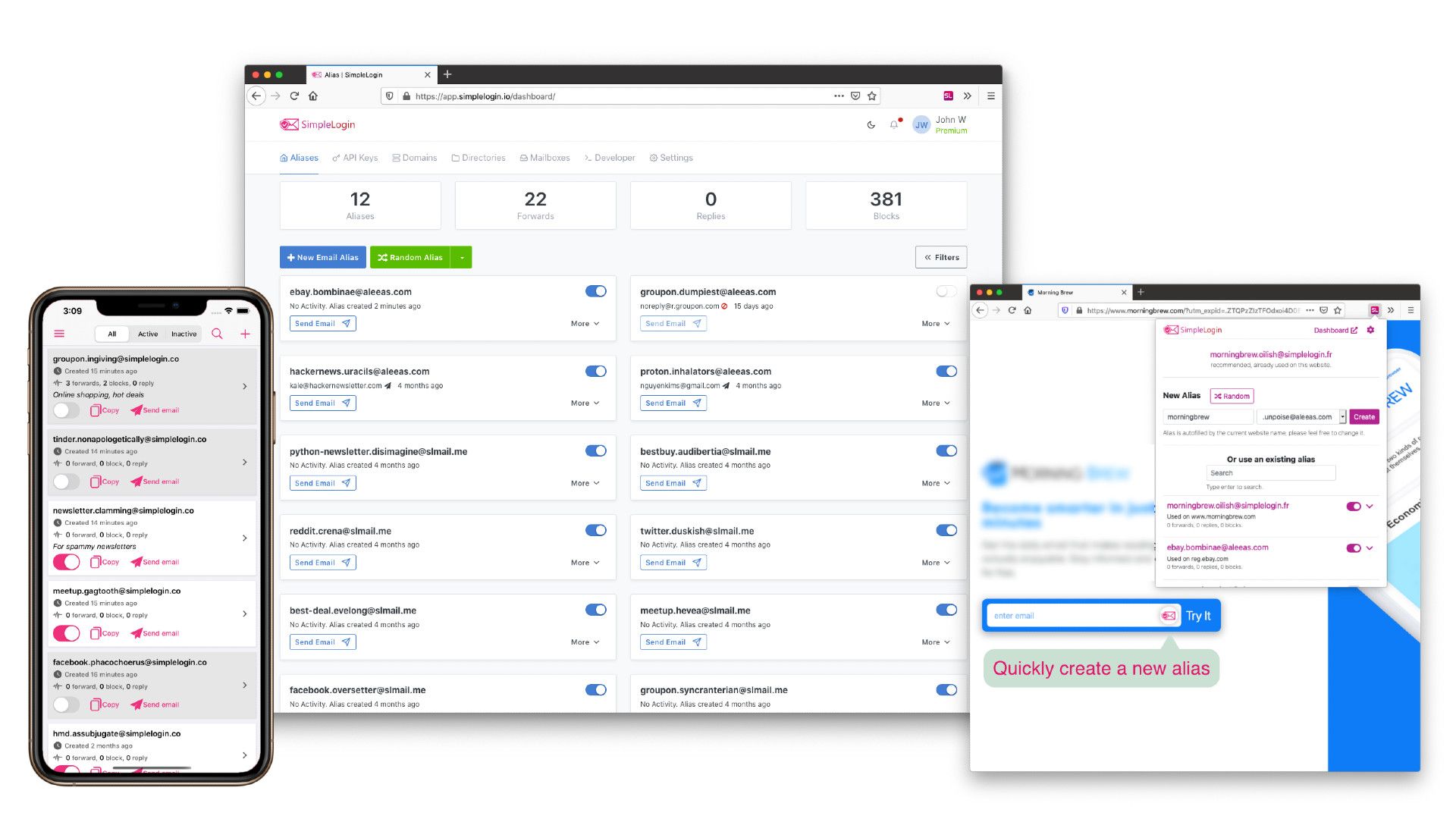 SimpleLogin showing how email aliases work