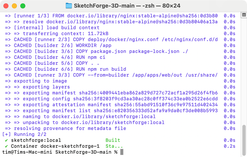 SketchForge Docker container running on macOS.