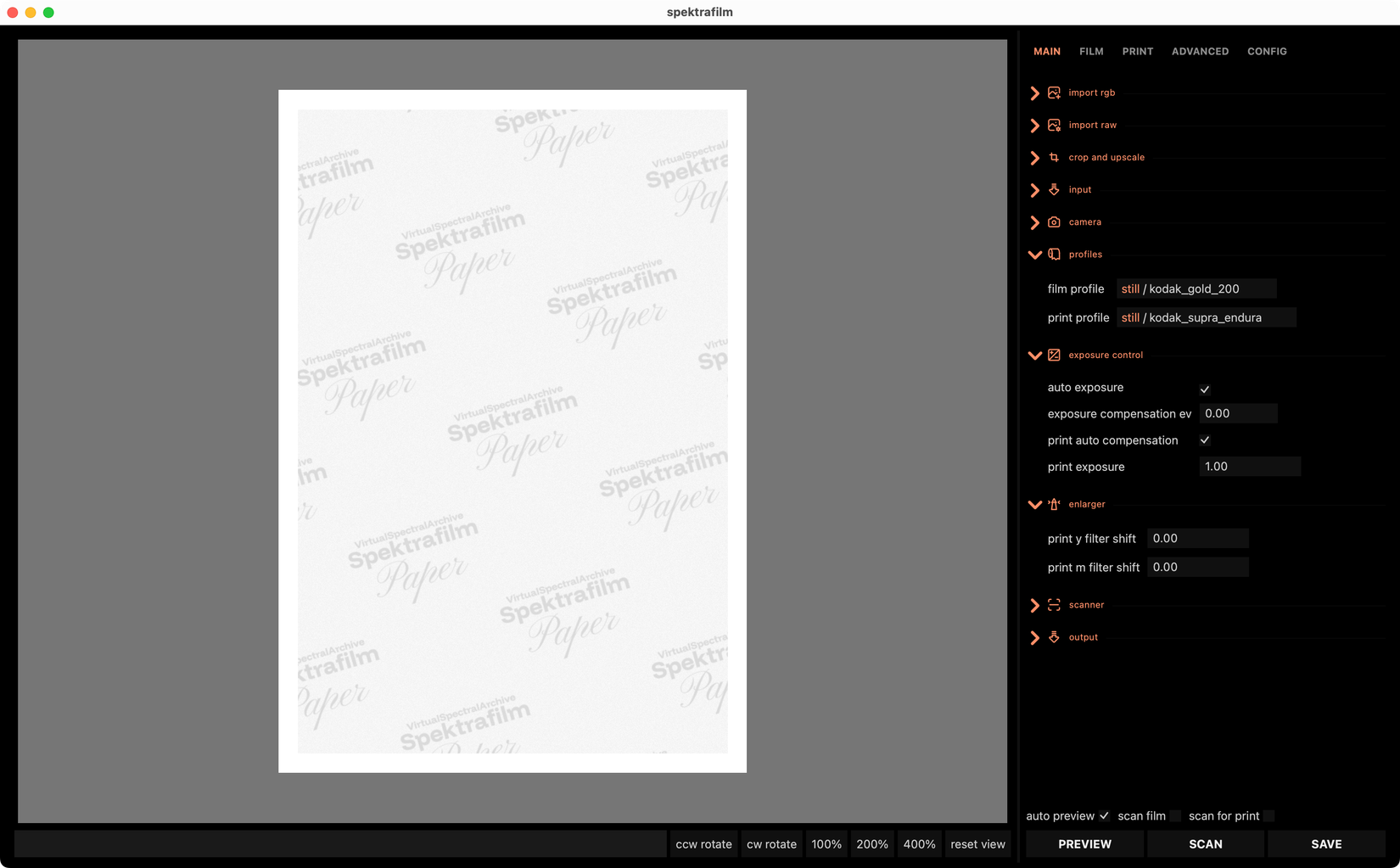Spektrafilm running on macOS.