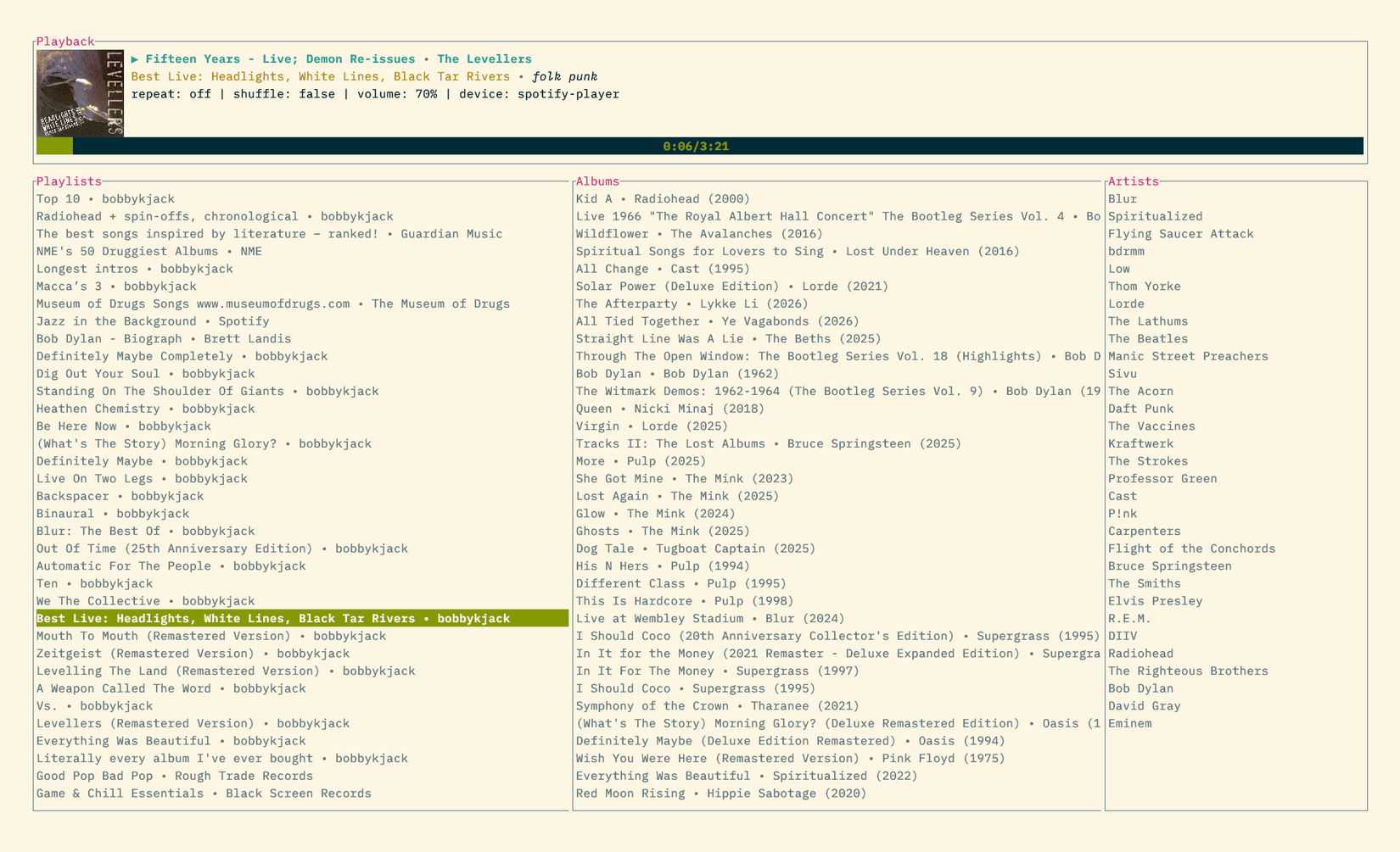 The main spotify_player interface showing a playback section with the current track at the top, and three large lists below it: playlists, albums, and artists.