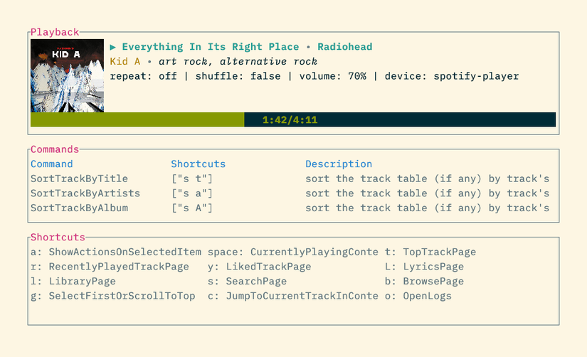 The spotify_player app showing a panel at the bottom with keyboard shortcuts for actions like SearchPage and OpenLogs.