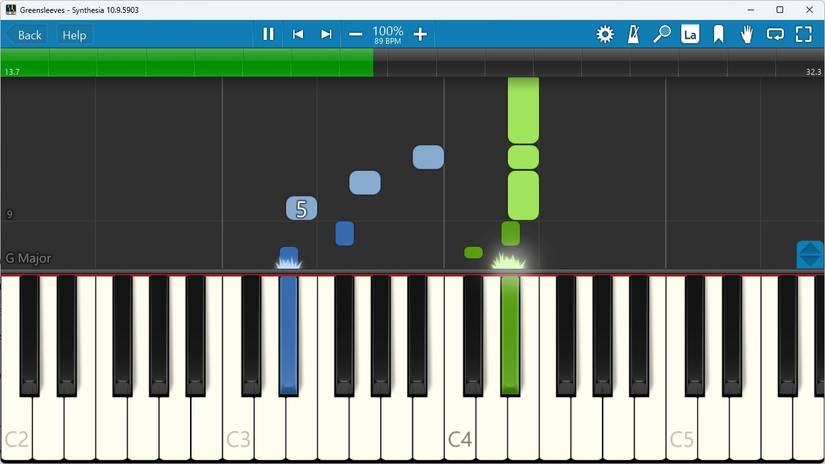 Synthesia showing a MIDI file playing. 