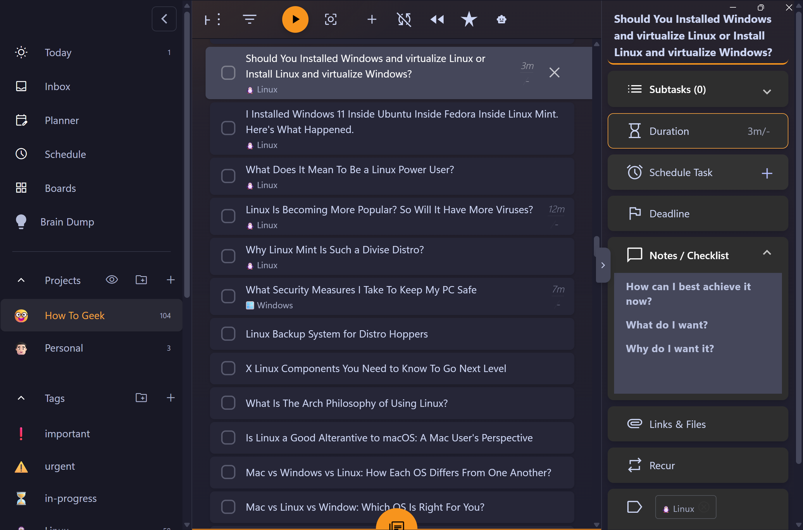 Task detail panel showing Duration, Schedule Task, Deadline, and a Notes checklist with reflection prompts.-1