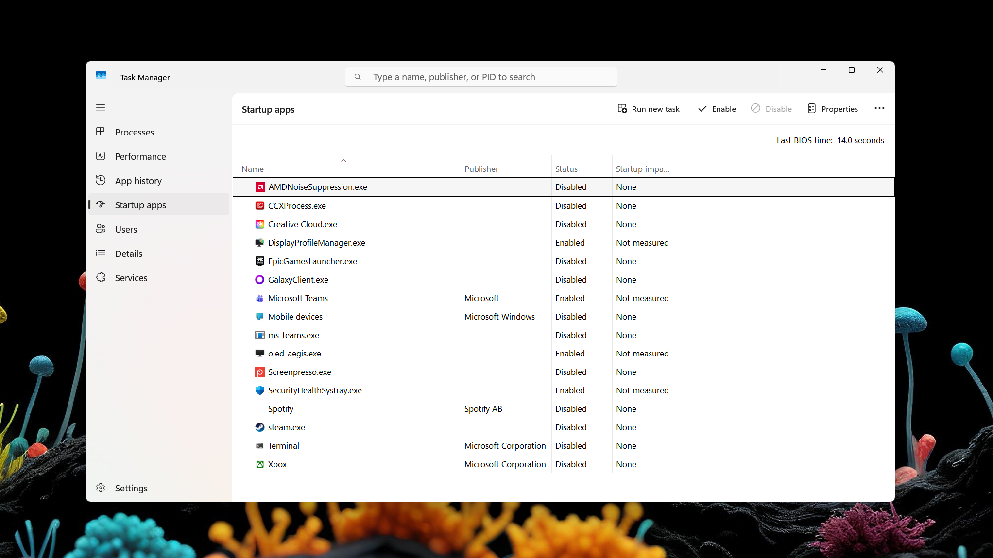 The Startup Apps tab in the Windows Task Manager. 