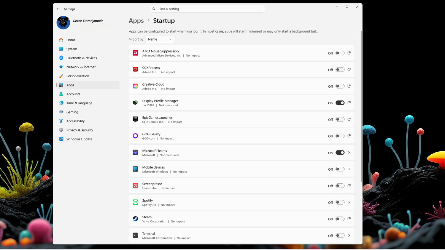 The Startup Apps screen in Windows Settings.