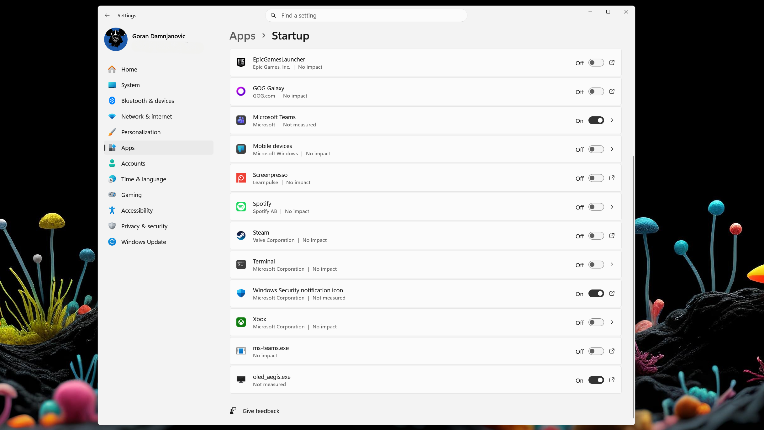 The Startup Apps screen in Windows Settings.