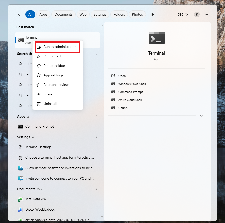 A screenshot of Windows Search open. The right-click context menu for Terminal is open and Run as Administrator is highlighted in red.