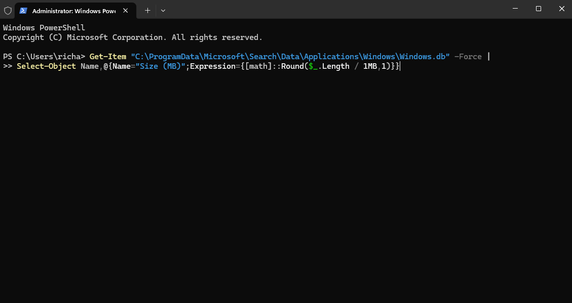 A screenshot of PowerShell open with a prompt that check the size and location of Windows.db.