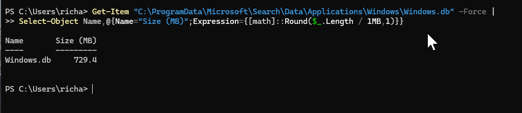 A screenshot of PowerShell open with with the results of a command showing the size of the Windows.db file.