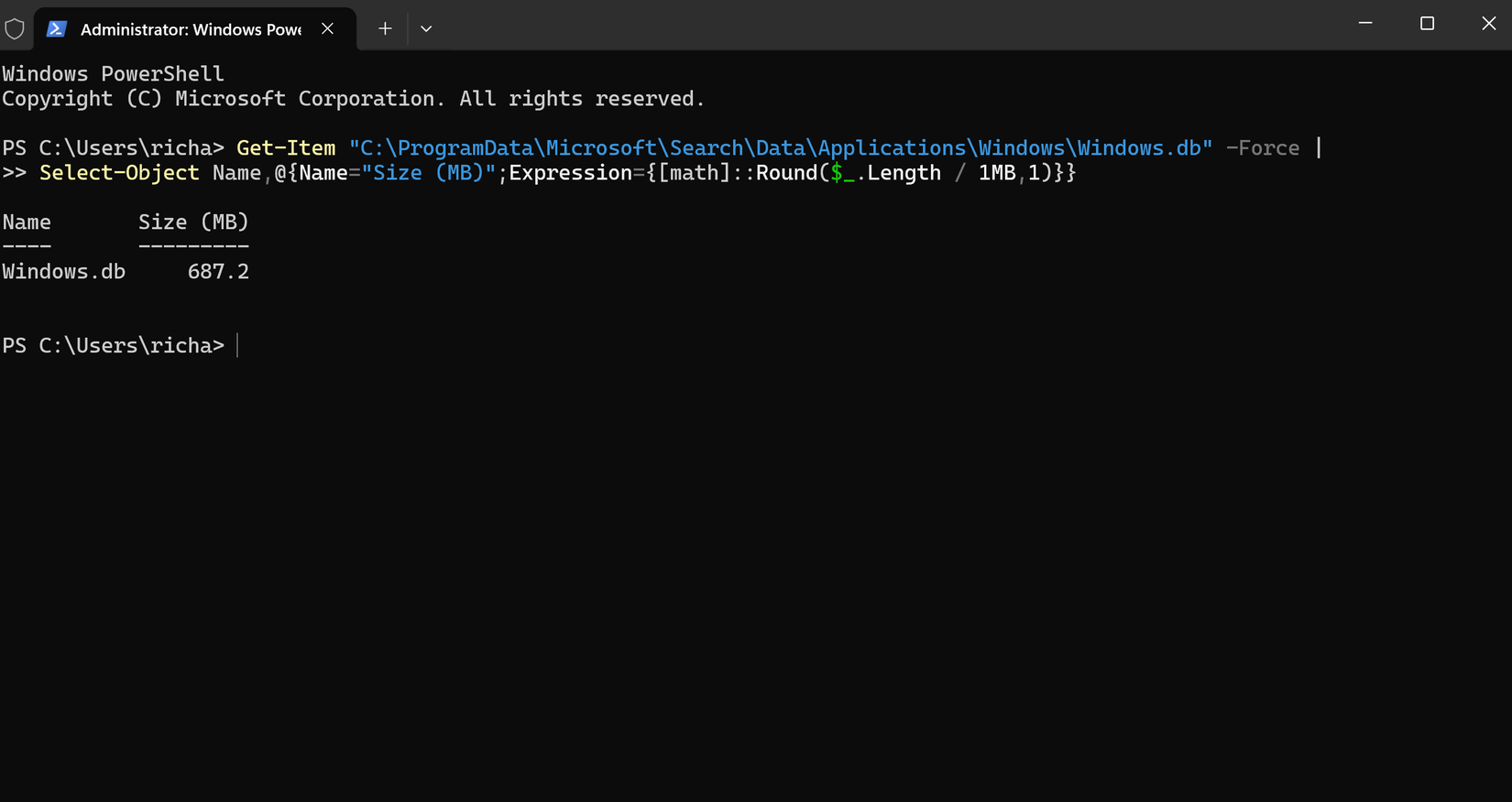 A PowerShell Window open up showing with the results from a command that shows the size of Windows.db.