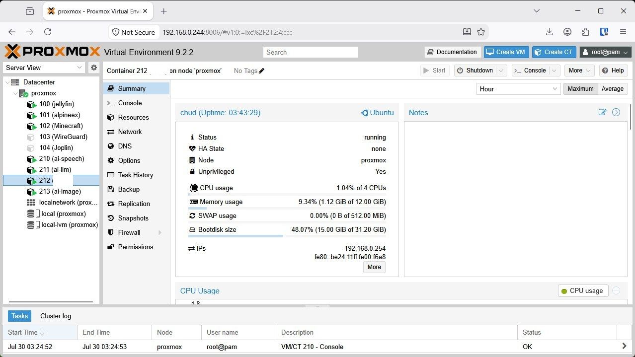 The AI Bot container in Proxmox.