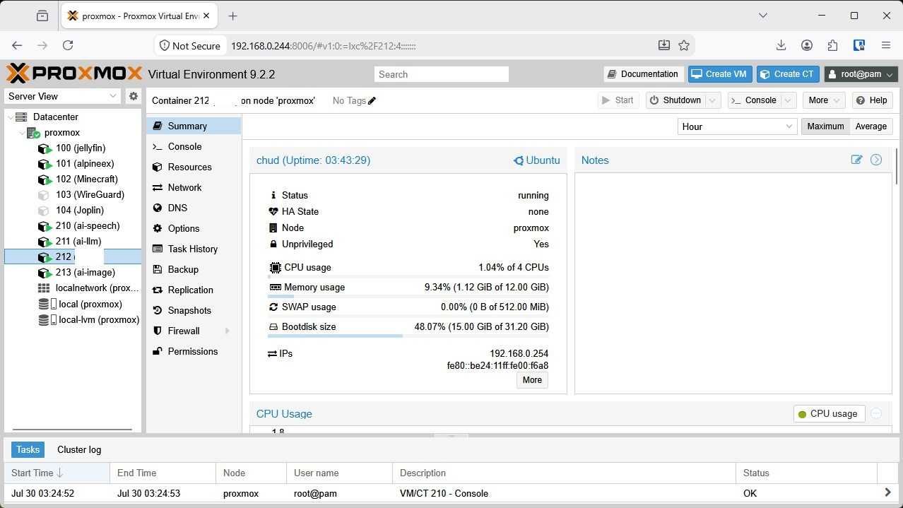 The AI Bot container in Proxmox.