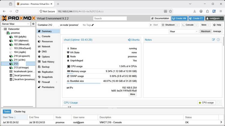 The AI Bot container in Proxmox.