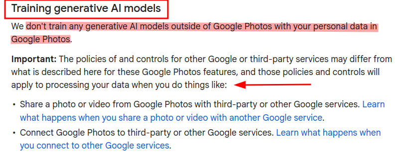 The AI ​​training disclaimer for Google Photos states that Google does not use user photos to train the AI.