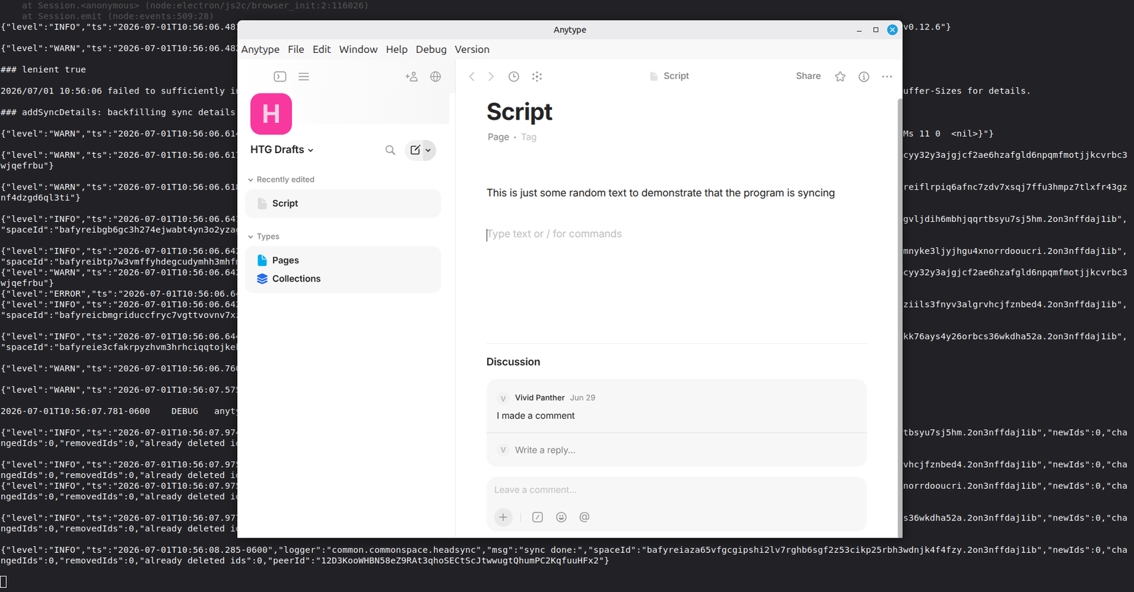 The anytype app open with 'this is just a test to see if this works' written on the page, as the terminal displays text strings in the background.